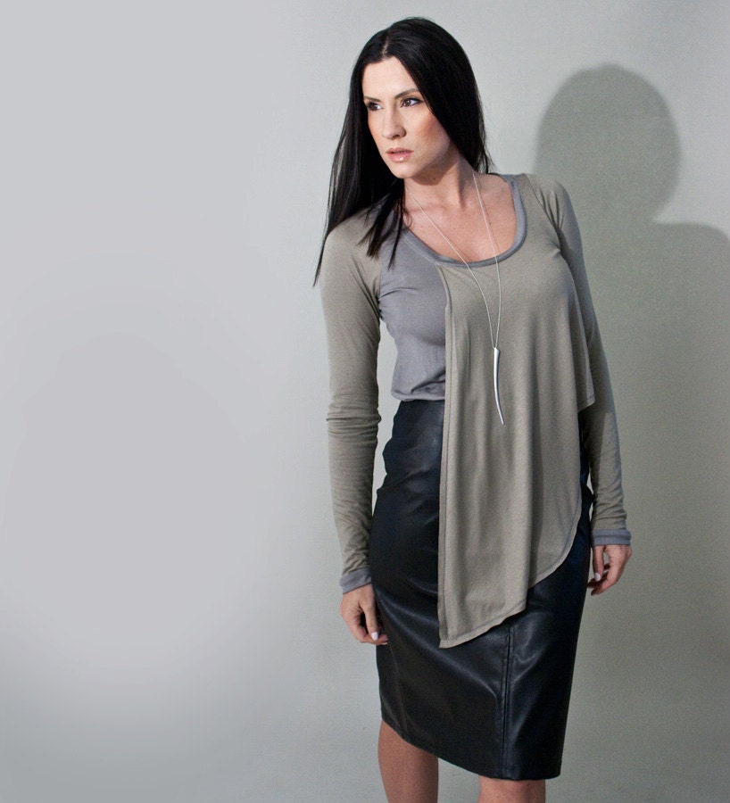 Women's Blouse, Layered Grey & Olive Long Sleeve Shirt, XS S M L XL