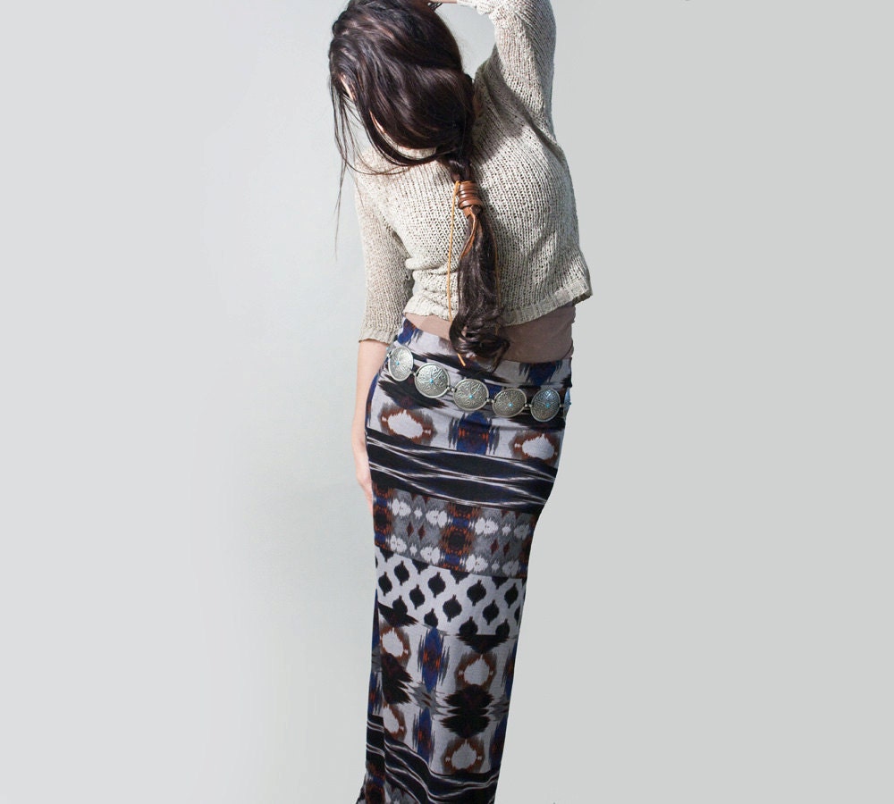Tribal Print Long Maxi Skirt, Bohemian, Hand Made xs s m l xl Tall and Petite Lengths