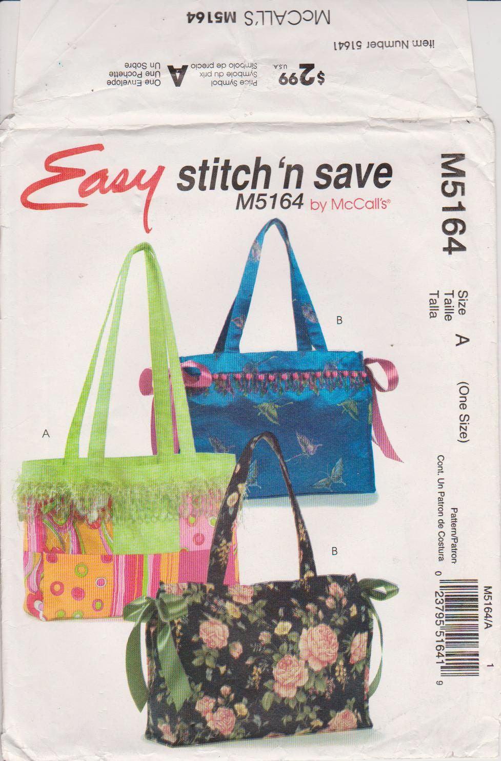 McCalls M5164 Sewing Pattern - Purse or Carry All in Two Sizes
