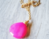 Hot Pink Necklace 14kt Gold Filled Chalcedony Gemstone Wire Wrapped