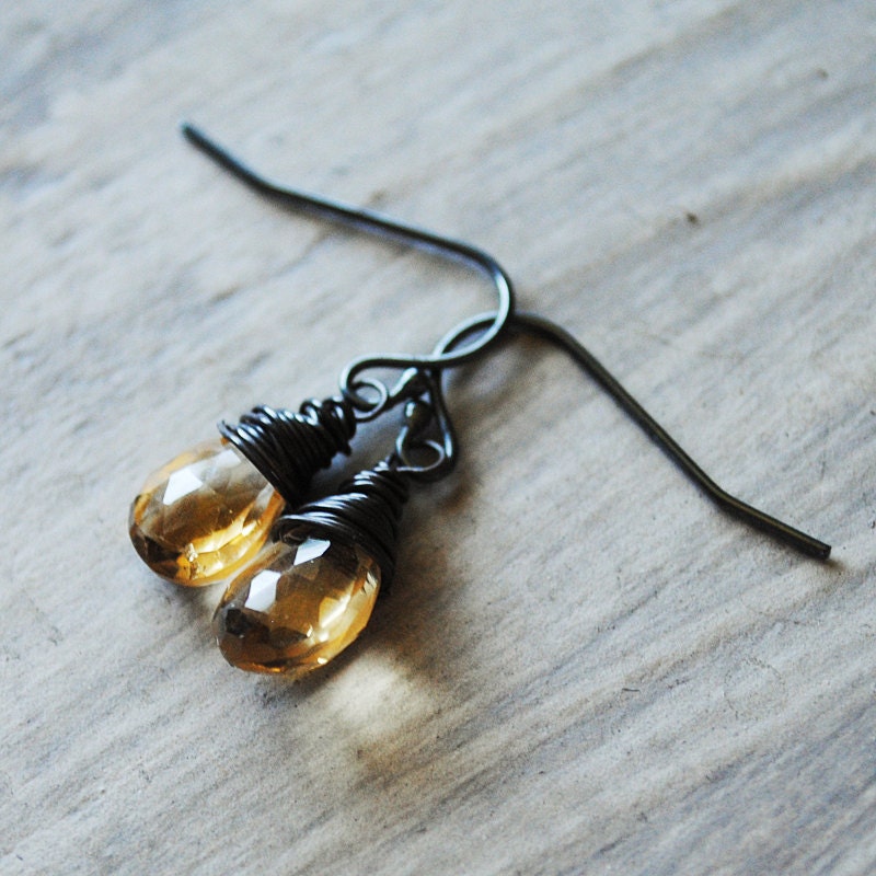 Yellow Citrine Earrings Oxidized Black Sterling Silver Gemstone Wire Wrapped