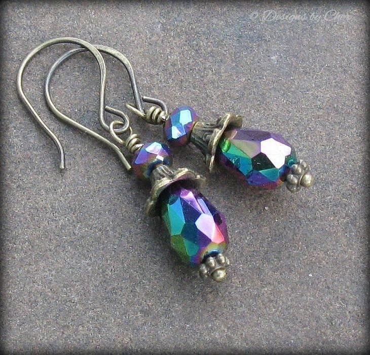 Rainbow Teardrop Dangle Earrings, Handmade Antiqued Brass Earwires... Aurora Borealis Glass Drops