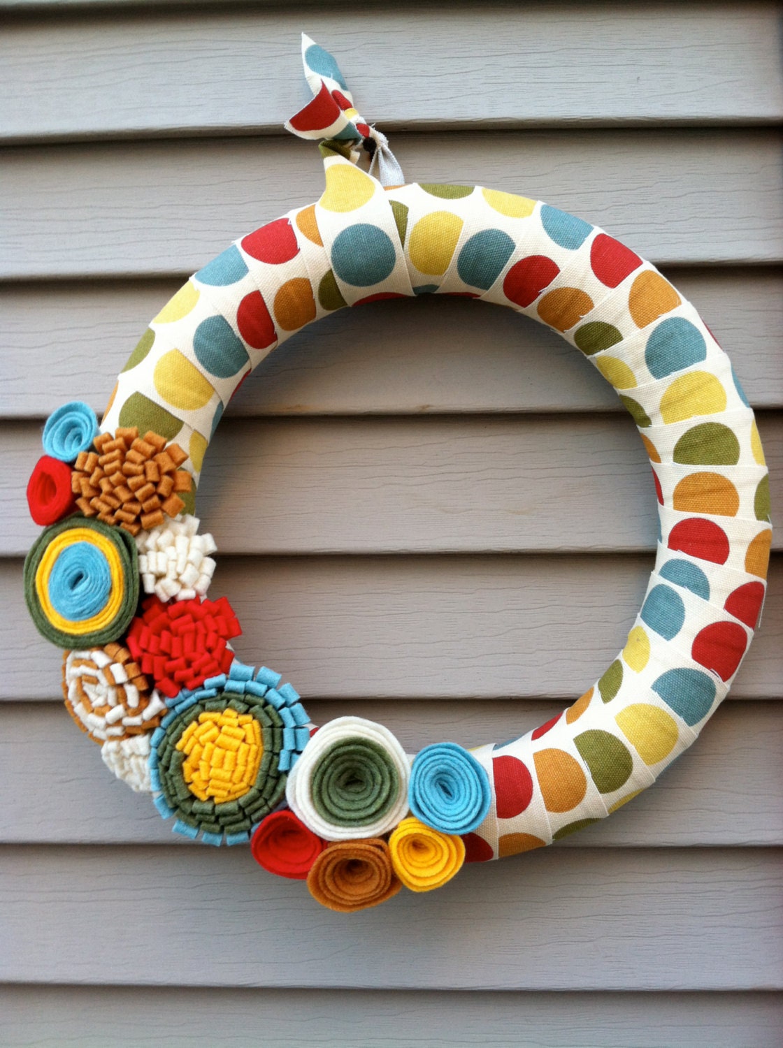 Spring Wreath - Polka Dot Fabric decorated with felt flowers. Spring Wreath - Felt Wreath - Easter Wreath - Flower Wreath