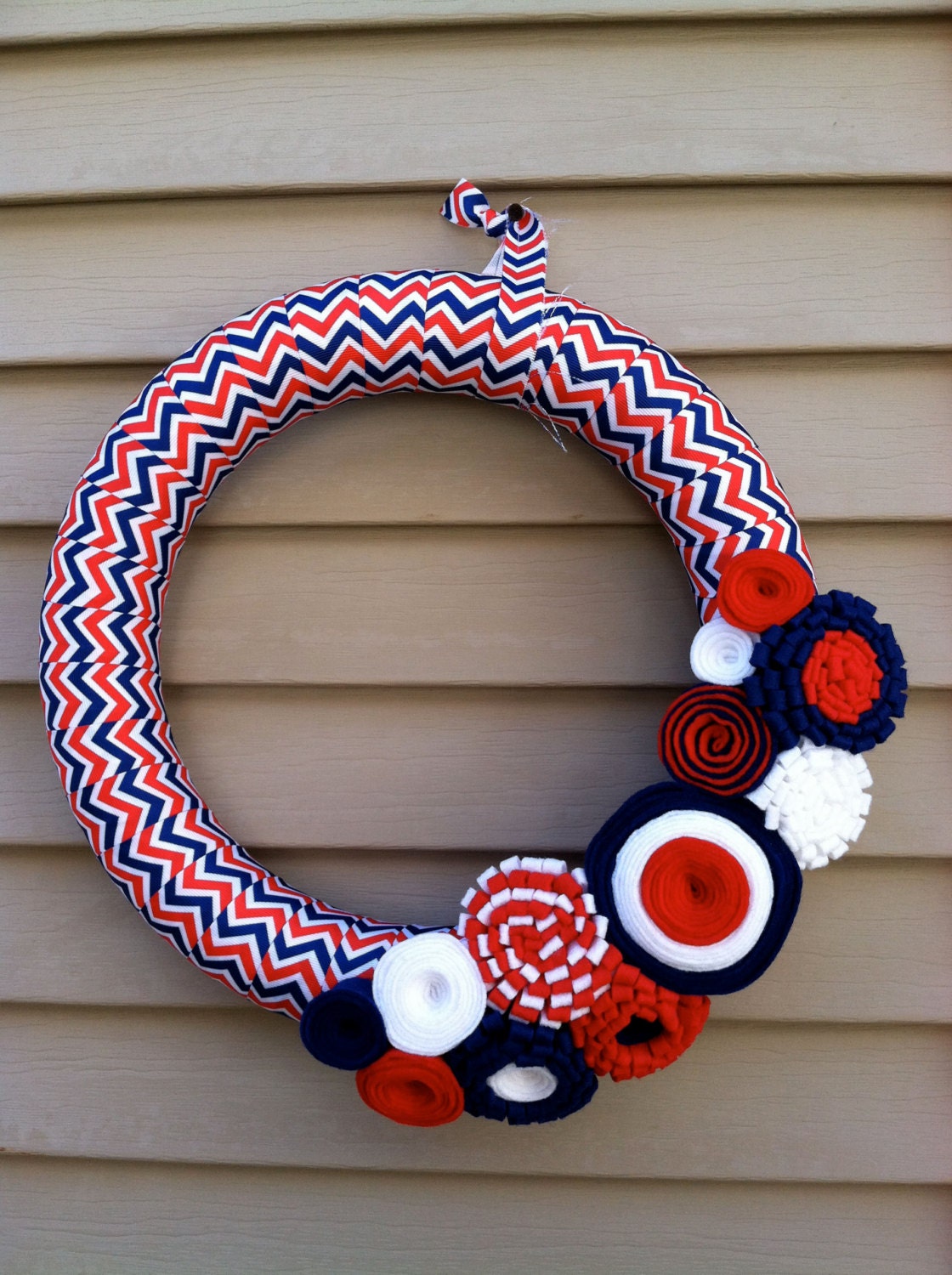 Patriotic Chevron Ribbon Wreath.  Wreath Wrapped in Red,White, & Blue Chevron Ribbon w/ felt flowers.  4th of July Wreath - July 4th Wreath