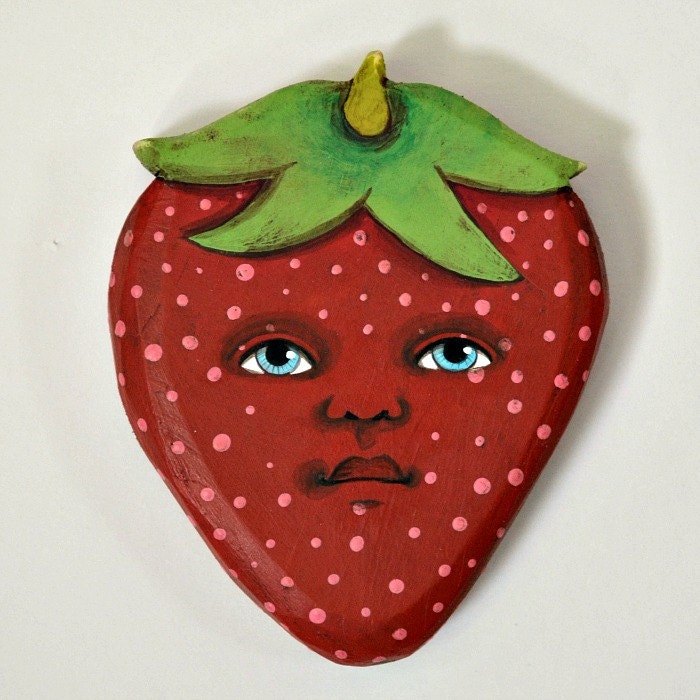 Anthropomorphic Strawberry-- Original Painting Wood Cut-Out Wall Hanging Contemporary Folk Art OOAK