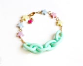 Rainbow Stars Bracelet , Kawaii Chunky Chain Bracelet, Mint Color Pop, Decora Jewelry