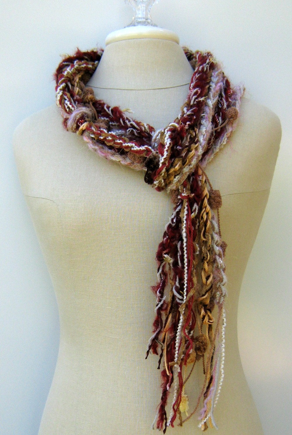 Amber brown braids Gypsy Fringe Scarf skinny lariat Hippie crochet neck wear