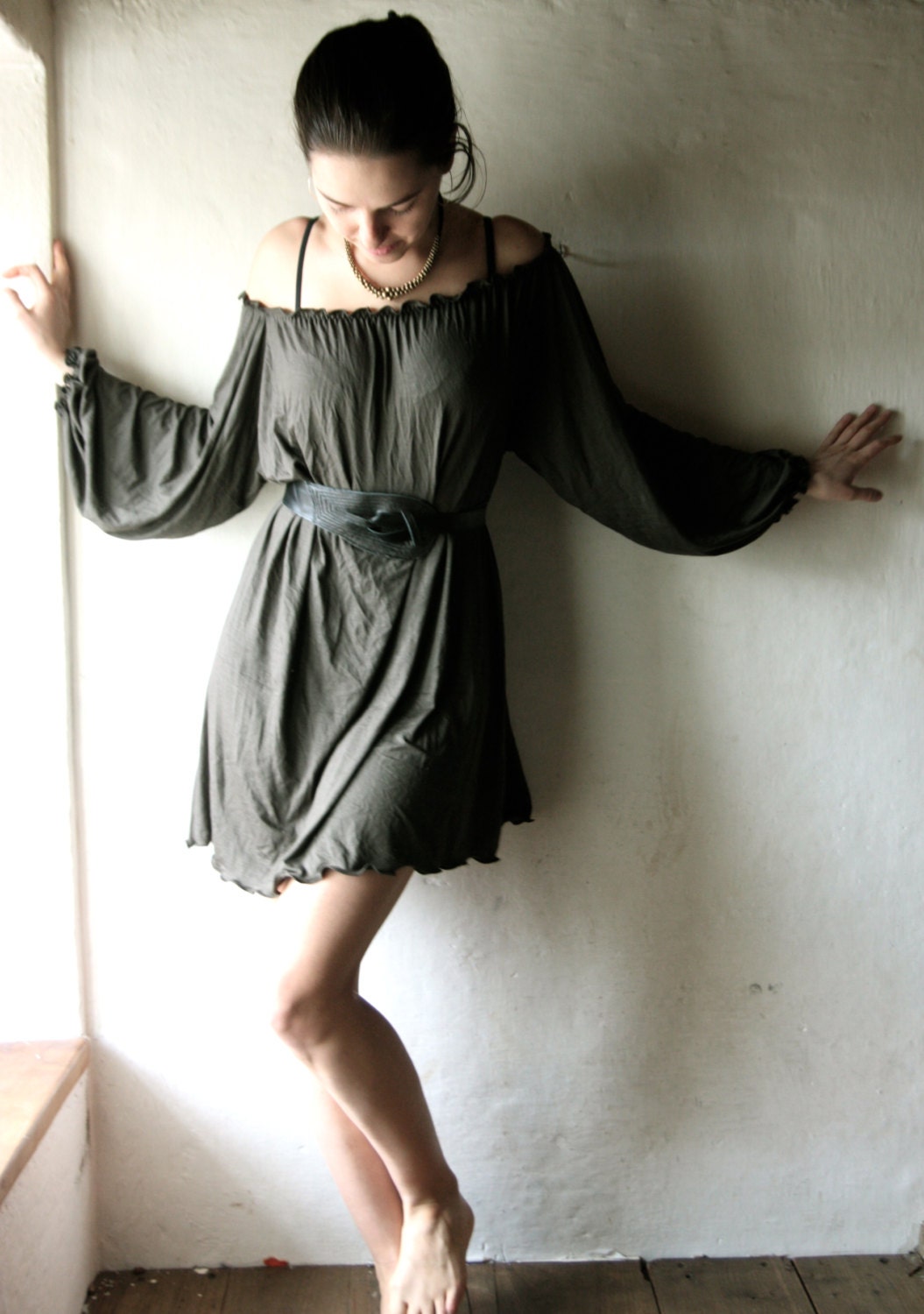 Long Sleeved tunic dress - ruffled jersey tshirt - olive green jersey plus size tunic womens maternity clothes