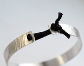 Silver Cuff Bracelet Tied with Repurposed Leather - Bangle Bracelet - EcoFriendly Sterling Silver - edgy - boho - stacking bracelet