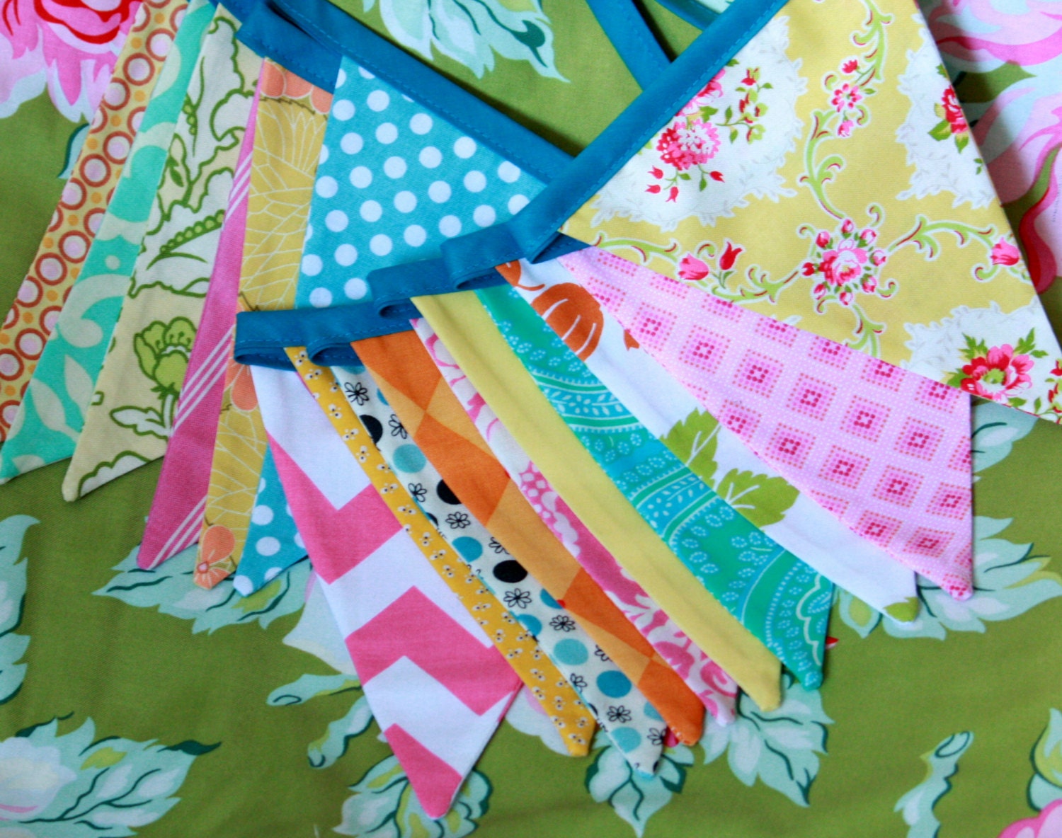 Long Fabric Bunting Flag Banner Pennants, Wedding Decoration. Designer's Choice Bright, Colorful Bunting, Medium Size Flags,