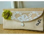 burlap purse bag lace wedding clutch rustic cotton linen shabby rose flower color choice Personalize Bridesmaid party gift MakeUp tagt team