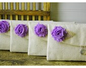 Burlap Bridesmaid Clutch Lavender Purse, Raw cotton Linen, Gift, flower choice, Wedding bridal clutch - Set of 4 Makeup bag travel tagt