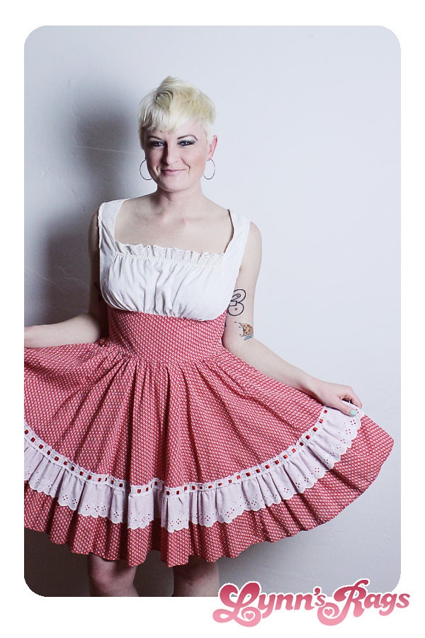 Vintage Red White RUFFLE DRESS Handmade Country Western Cow Girl DIY