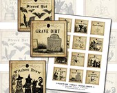 Antique Halloween Potion Labels II 2x2 inch digital collage sheet inchies 50mm square witch monster ghost pumpkin bat werewolf spider cobweb