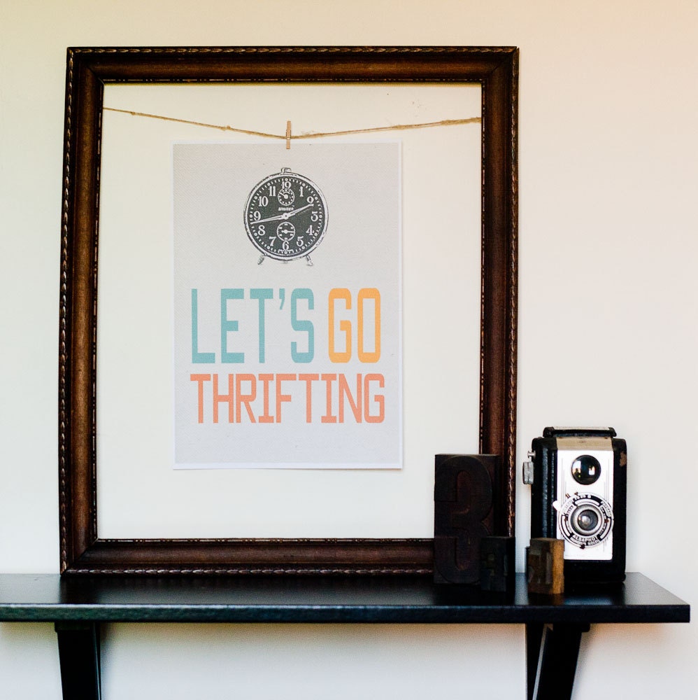 Let's Go Thrifting Printable Poster With Vintage Alarm Clock Image Light Kraft Background in A4 Size