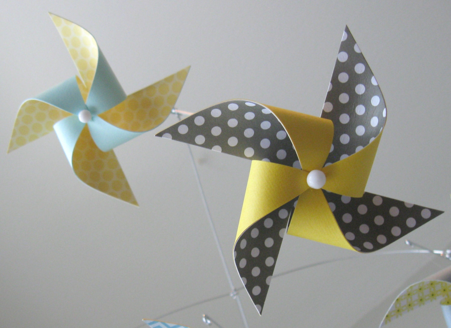 Ceiling Hung Baby Mobile / Nursery Mobile / Crib Mobile / Yellow, Grey, Blue and White / Boy or Girl : Chickadee