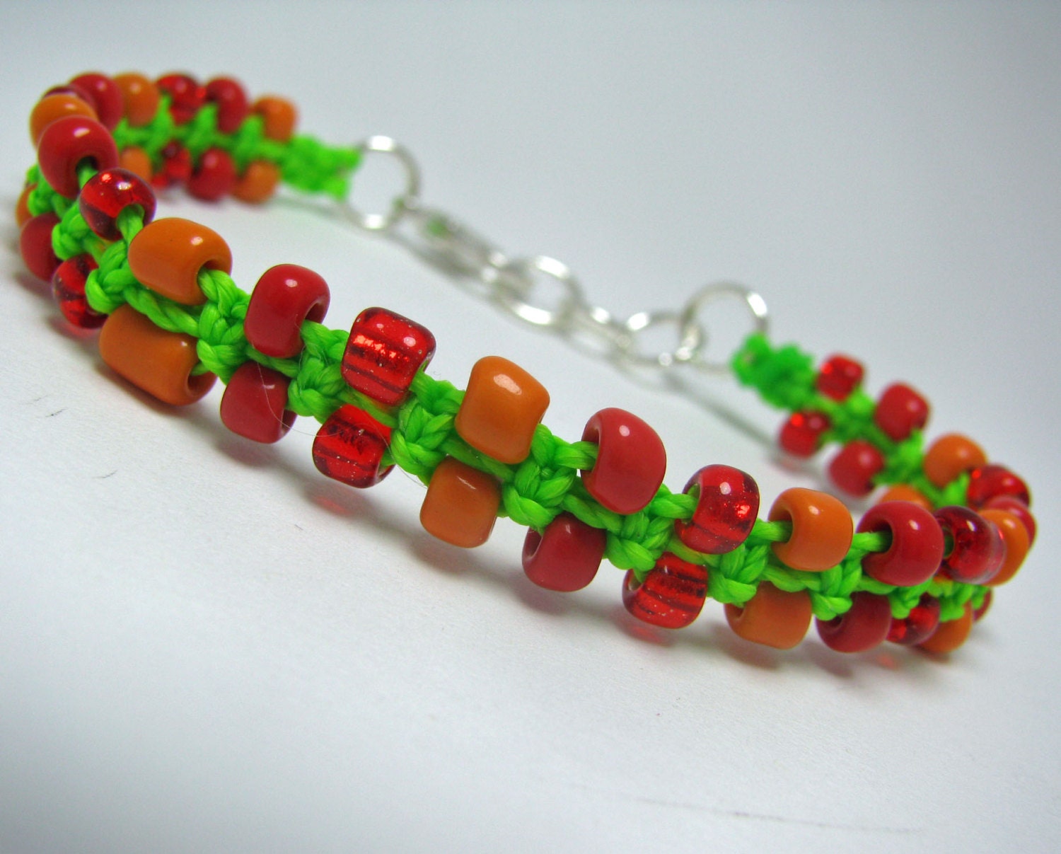 NEON Green Micro Macrame Bracelet with Small Red Orange Tangerine Glass Beads lobster clasp