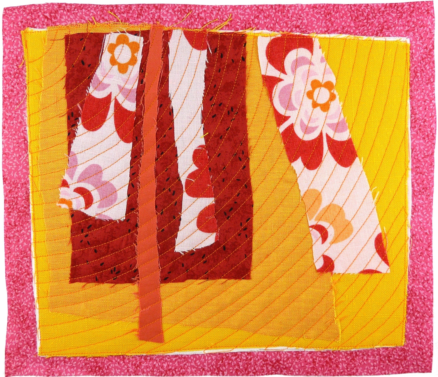 1.28.2013 small art quilt, contemporary, abstract, textile drawing, haiku, global warming, bright pink, yellow, orange, pale pink, red, rust