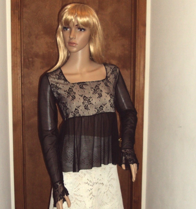 BZ Bee Vintage Womens Blouse 1970s Black Mesh Sheer Illusion Draped Lace Net Tulle Gothic Retro Top Size Small
