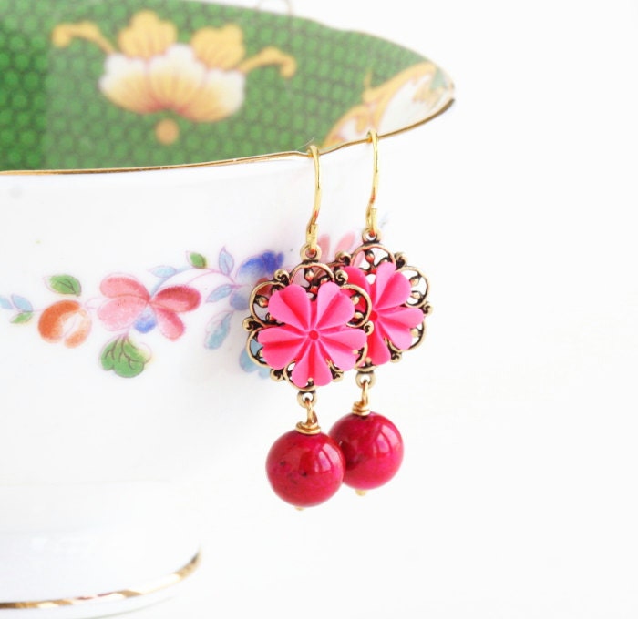 Pink Earrings, Flower Earrings, Shocking Pink, Spring Fashion, Drop Earrings