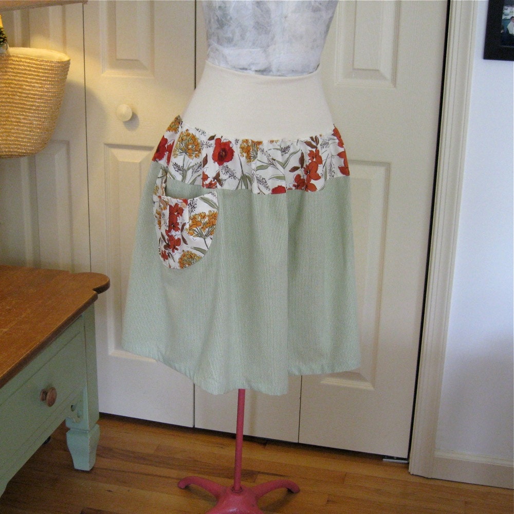 Plus Size full cut straight skirt with hobo pocket - rusty red and orange foral, pin stripe green