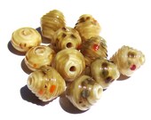 Handmade Lampwork Glass Pearl Beige Ribbed Glass Bicone Beads SRA