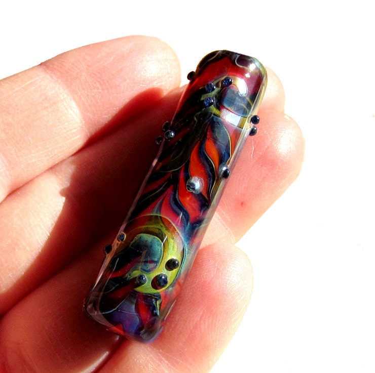 Handmade Lampwork Glass Focal Tube Bead Orange Blue Vibrant Silvered