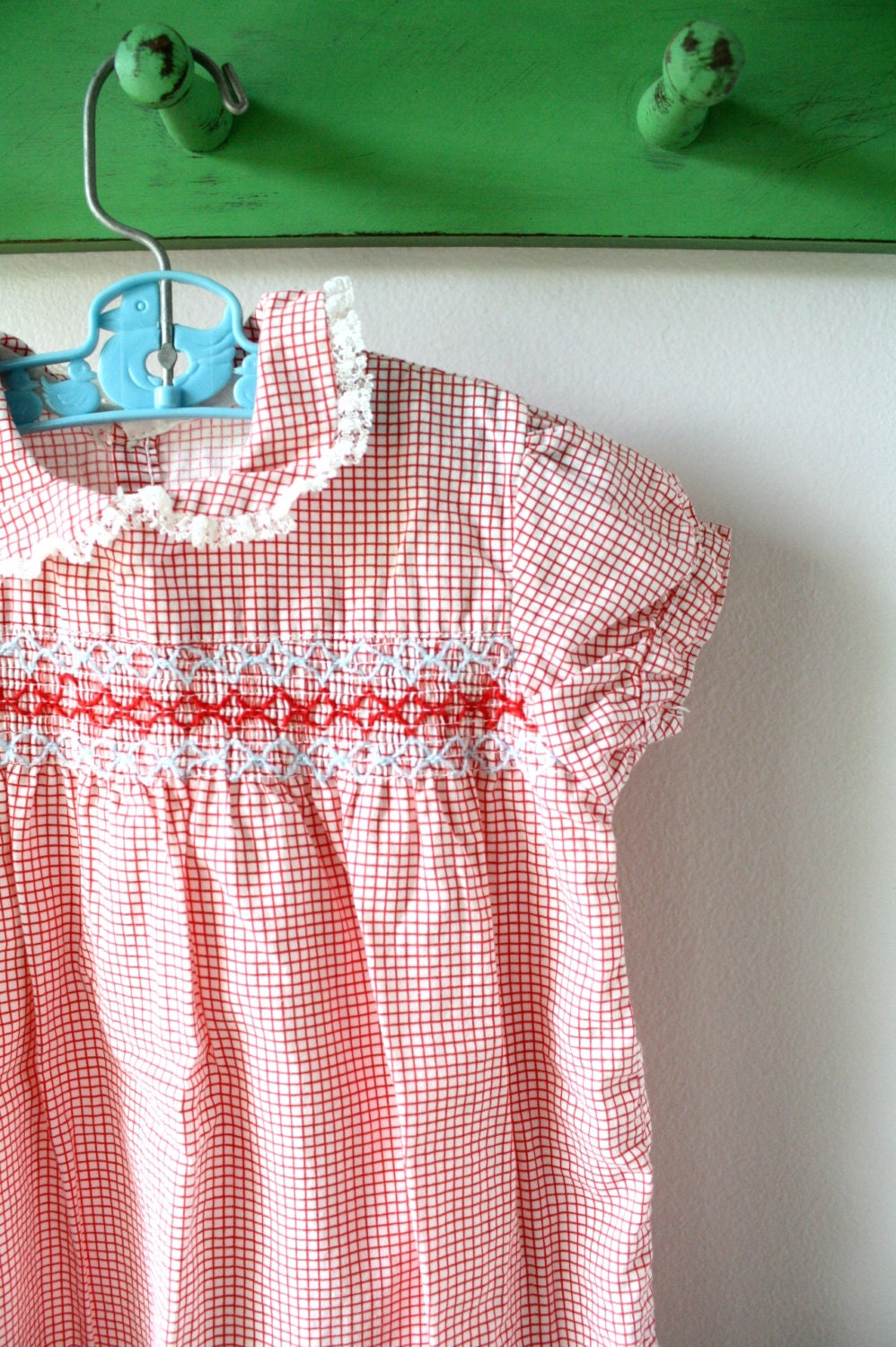 Vintage Red Check Plaid Smocked Summer Dress 1960s 60s 6-9 months