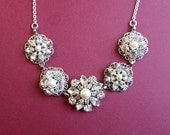 Statement Bridal Necklace, Silver,Crystal and Ivory Pearl Bridal Jewelry or White Pearl necklace