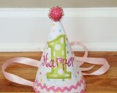 First Birthday Hat - Spring or Easter Theme - Pastel dots in pink, green, blue, yellow - Free personalization