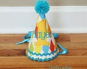 First Birthday Hat for Boys - Vintage Toy - Carnival Theme - Red, aqua, yellow, and green - Free personalization