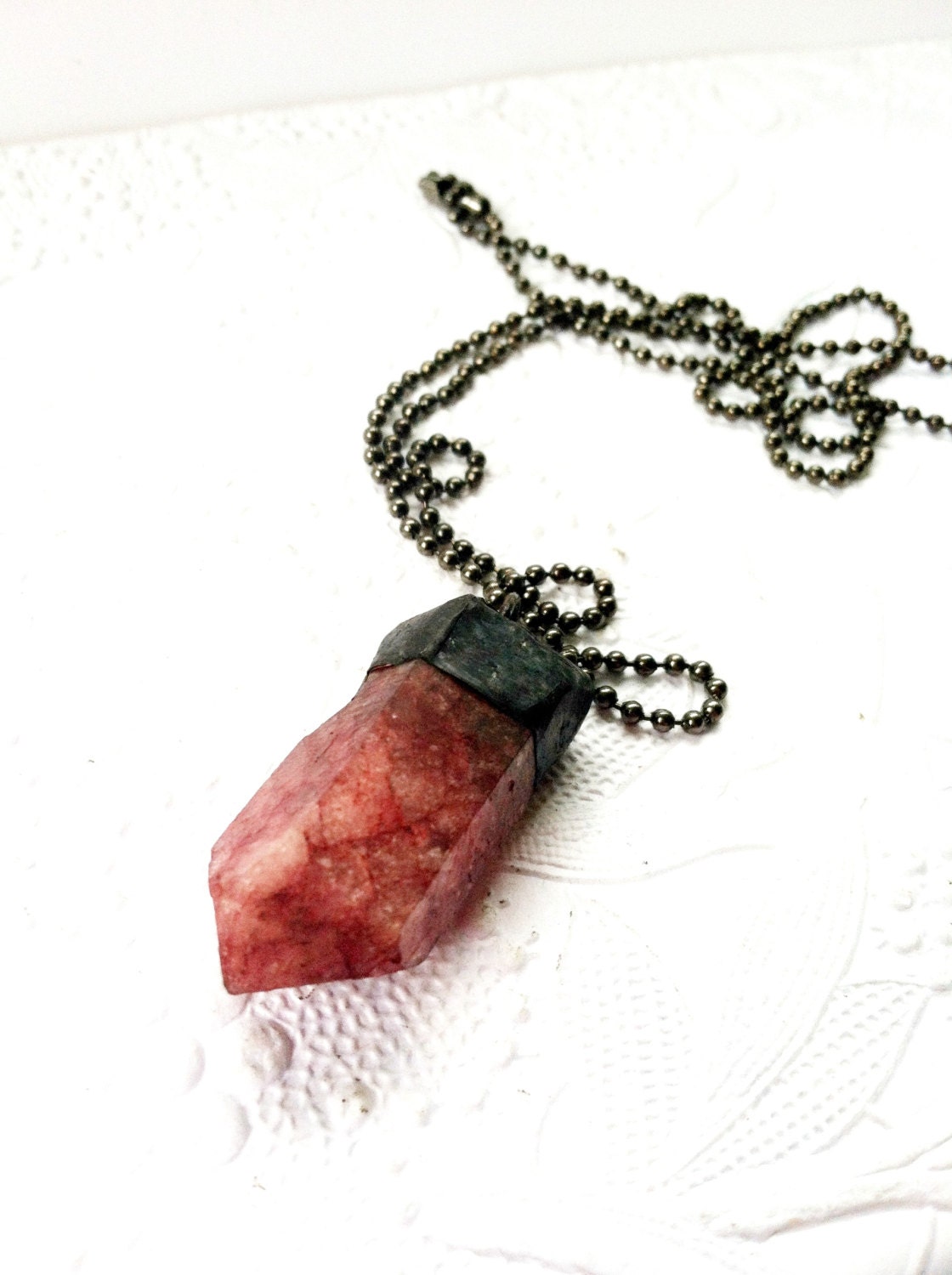 Crackle Fairy Quartz Pink Crystal Necklace, Crackled Quartz Pendant, Soldered Pink Brazilian Quartz Jewelry, Pink Crystal Necklace