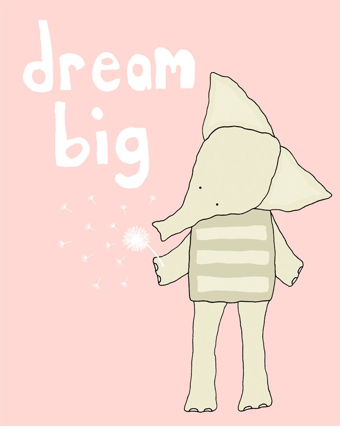 Dream Big, Nursery Art, Baby Girl, Art Print, Elephant Nursery, Nursery Print, Pink