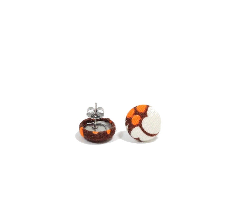 Fabric Button Earring Posts in Retro Brown and Orange Polka Dot Floral Print // made in Vermont // by Nicoles Threads