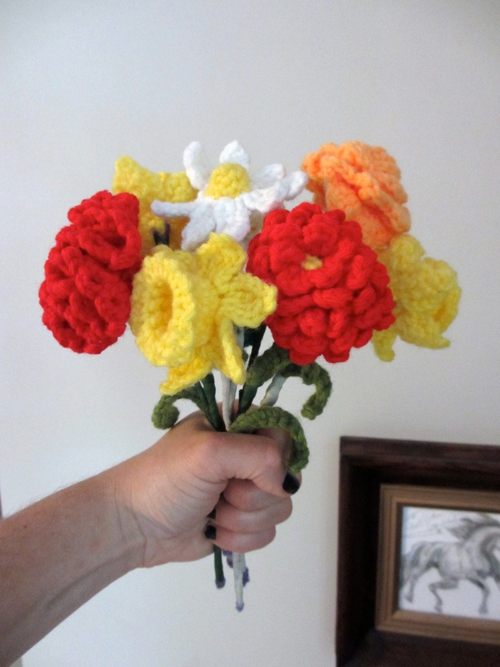 Flowers for Mother. Vintage bouquet of crocheted flowers