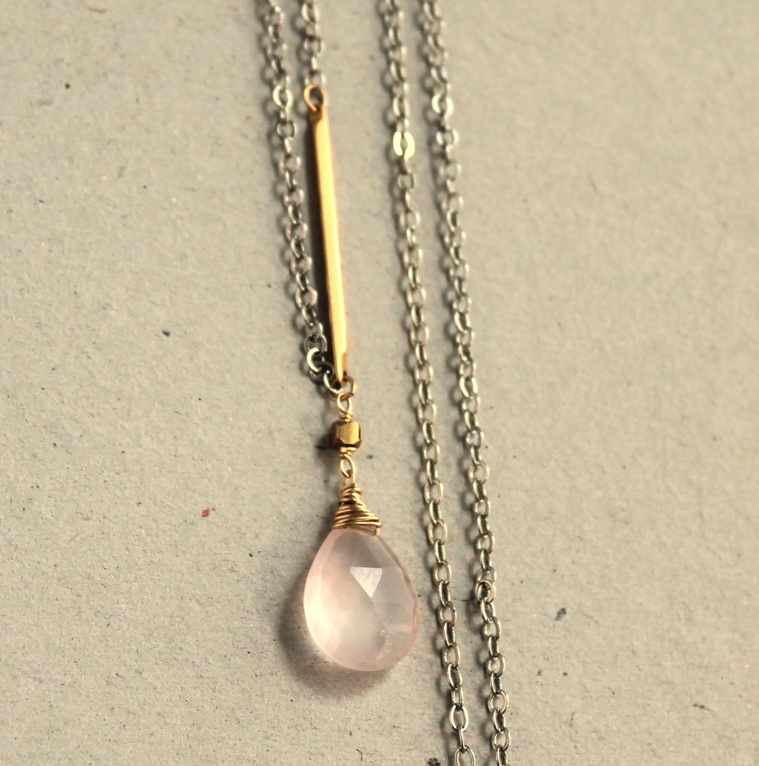 Asymmetrical Long Necklace, Pink Blush, Rose Quartz Necklace, Long Pendant Necklace, Geometric Necklace, Modern Pink, Gold Bar, Long Chain
