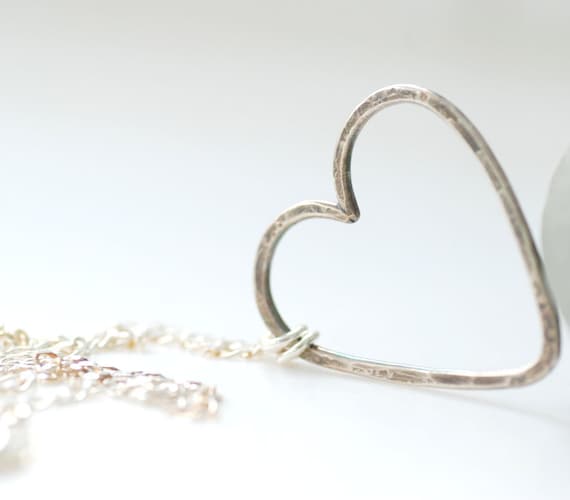 Wire Heart Necklace, Metalwork Necklace, Sterling Silver Necklace, Hammered Heart Necklace, Valentine, Fashion Jewelry Under 50