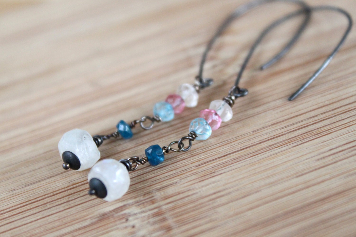 Gemstone Dangle Earrings. Swiss Blue Topaz, Aquamarine, Pink Topaz, Apatite and Rainbow Moonstone Wire Wrapped Earrings