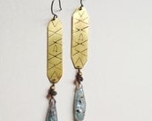 El Tigre Earrings - stamped brass with kyanite & smoky quartz