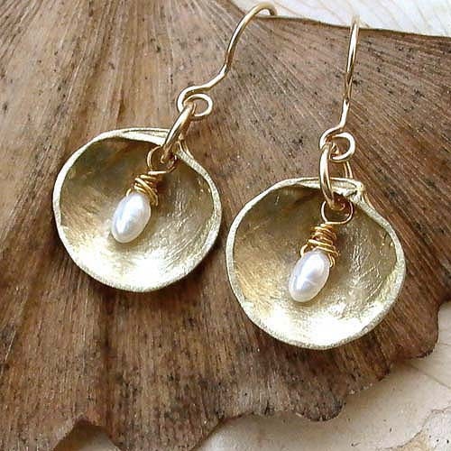 Shell and Pearl Earrings - Brass - White - Pearls - WIre Wrapping - Organic - Nature Inspired - Beach Jewelry