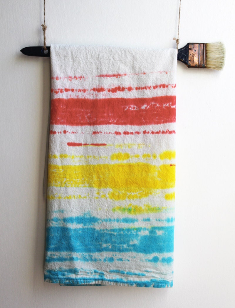 Tea towel unbleached cotton flour sack kitchen towel red, yellow, and blue stripes primary colors hand made
