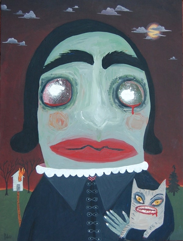 Original Zombie Girl and Cat Painting - Creepy Goth Apocalypse Art - 18x24