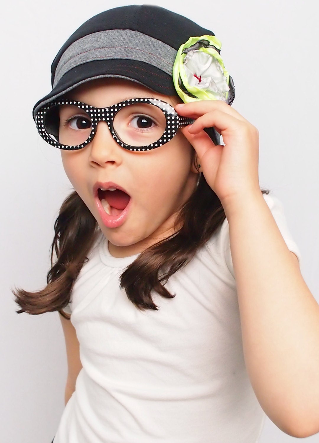 Bicolor hat. Black with grey comfy kids hat with neon flower. Children accessories