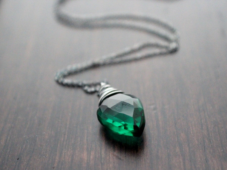 Emerald Quartz Necklace, Sterling Silver, Green Hydroquartz Gemstone Arrowhead Pendant, Oxidized - Arrow