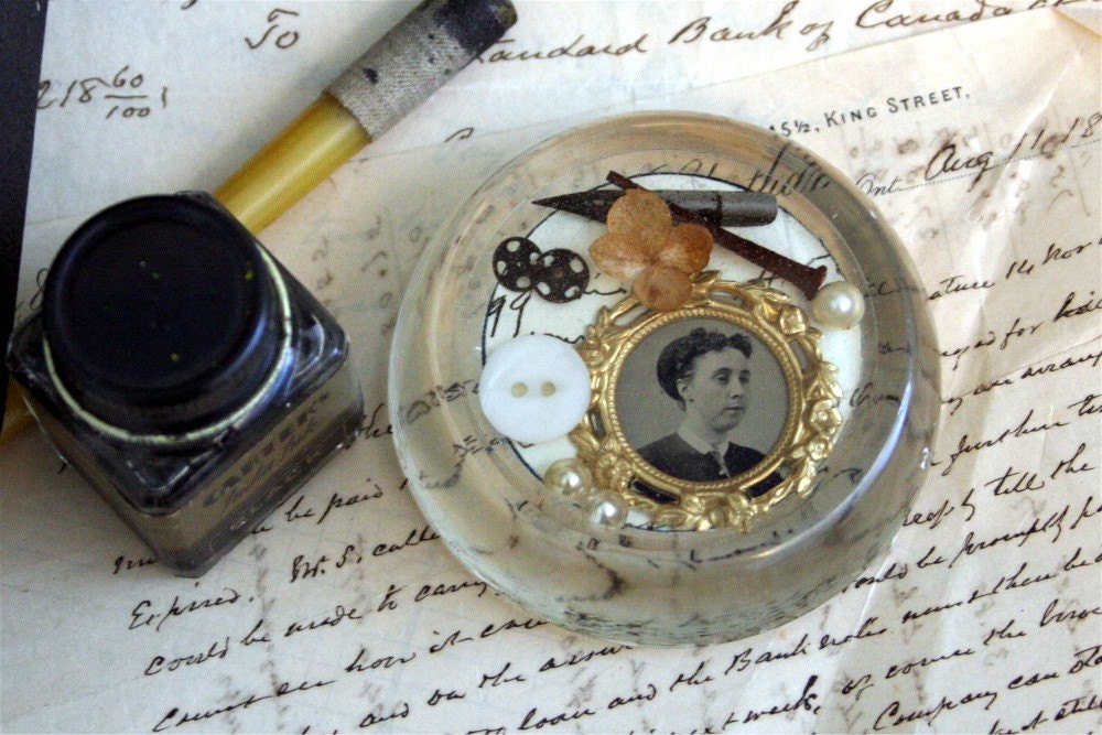 Vintage Glass Paperweight Tintype Portrait, Vintage Pearl, Hydrangea, Pen Nib, Buttons