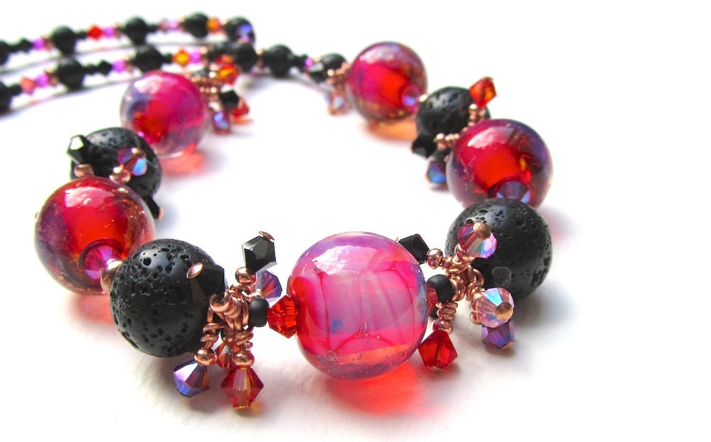 Lampwork Glass, Copper and Crystal Necklace - Volcanic