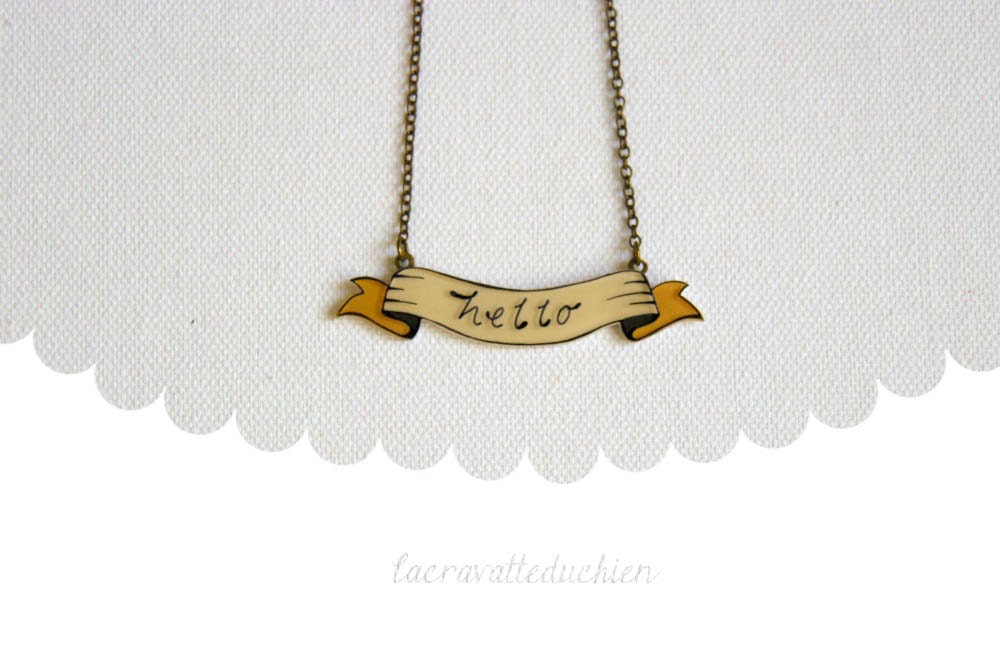 Banner necklace, hello necklace, illustrated jewelry