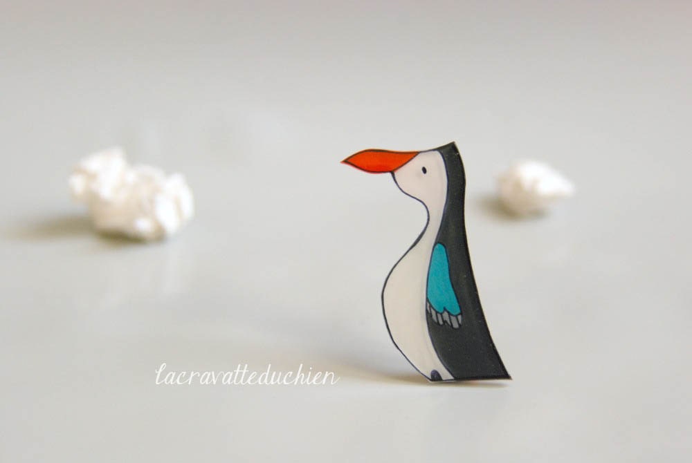 Penguin jewelry, animal brooch, winter illustrated jewelry, wearable art