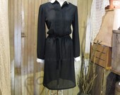 Black dress White collar Vintage 70s sheer Peter Pan Wednesday Addams S M