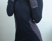 extra long sleeved hooded tunic dress Black/Cement grey color block sides